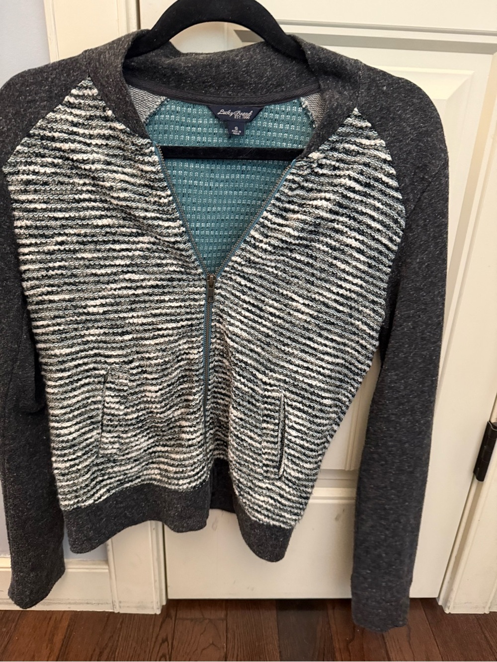 Lucky Brand Mixed Gray/Green & Cream Zip-Front Knit Cardigan